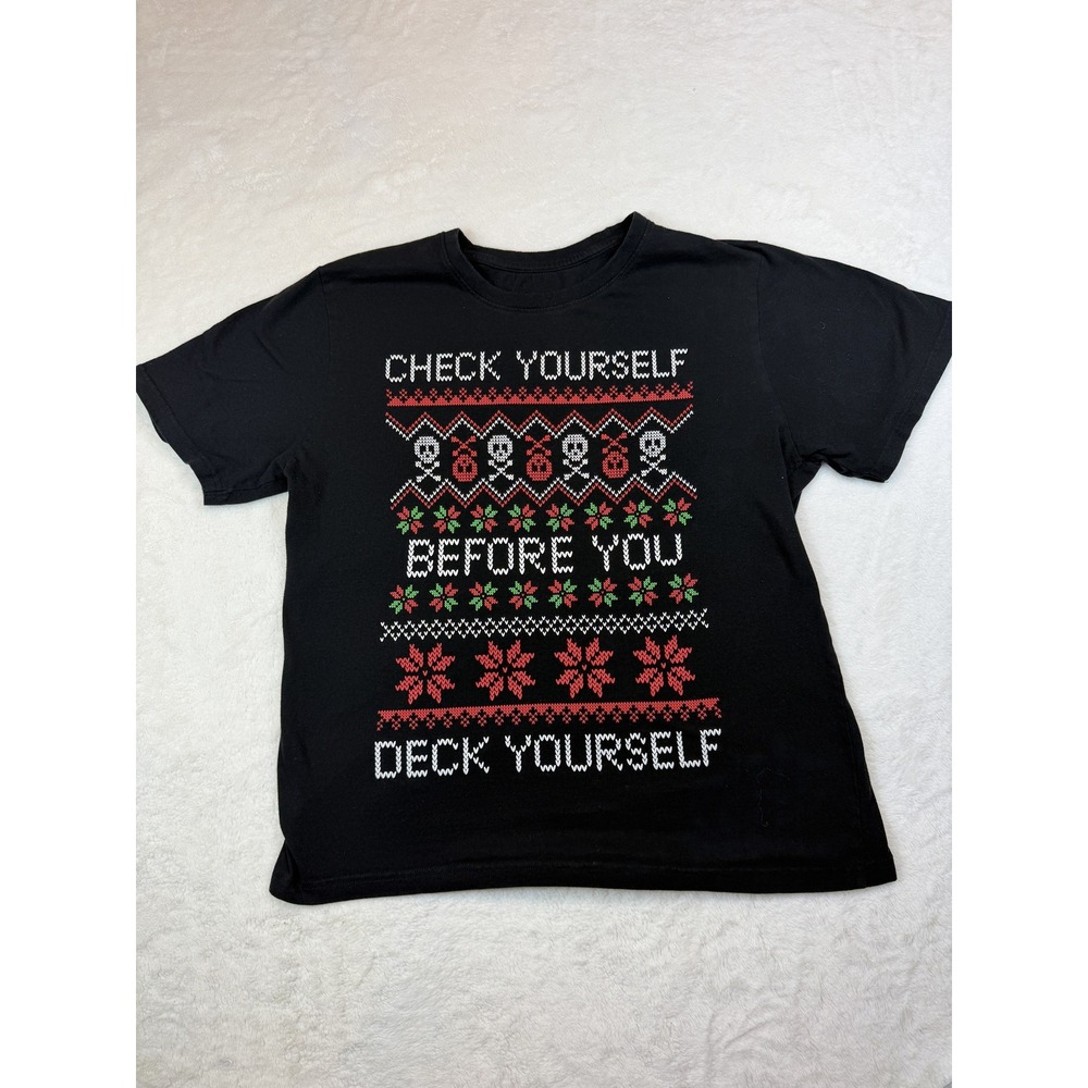 Chemistry Mens XL Black Christmas Graphic T-Shirt Check Yourself Holiday Skulls